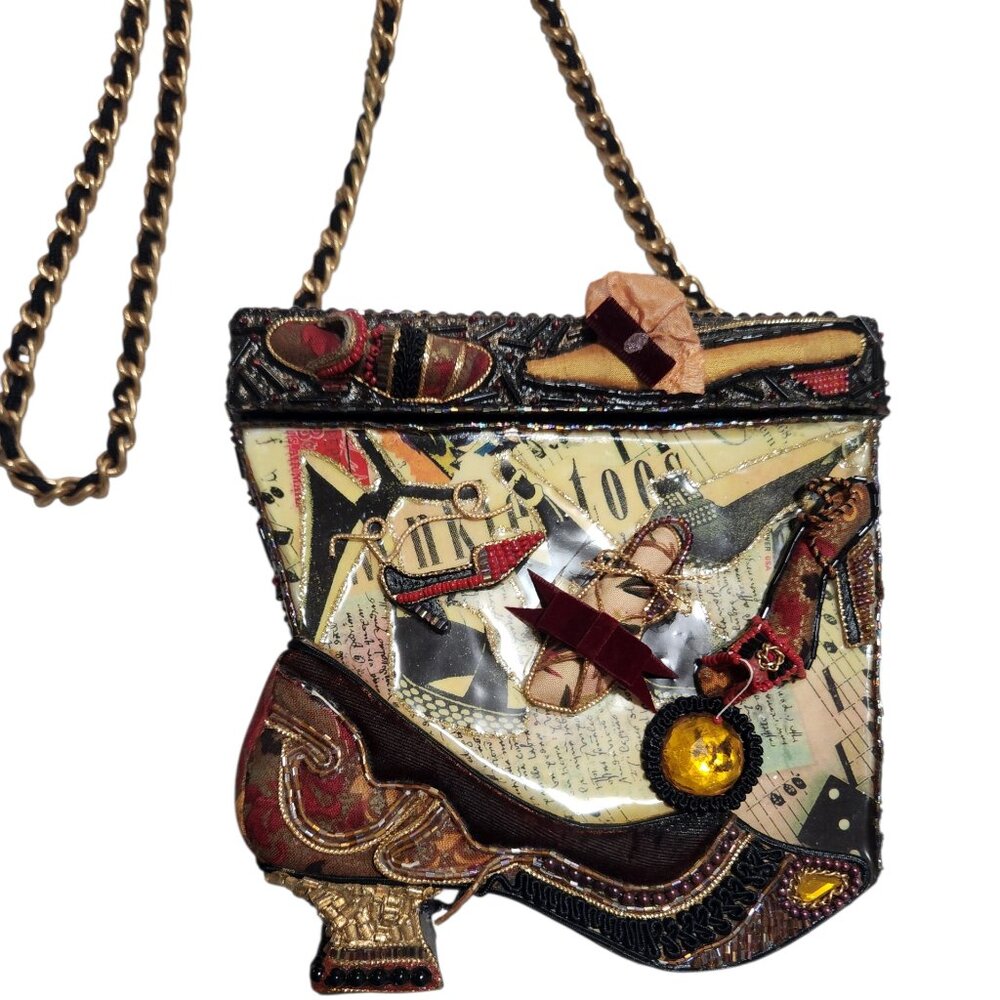 Vintage Mary Frances Purse Shoe Bag Multicolor Beaded Hardbox Boot Shape